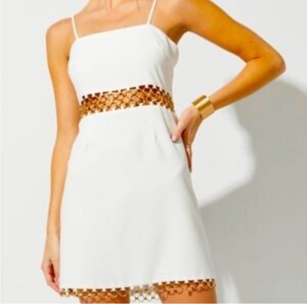 Audrey Parks white with gold chain hardware mini dress